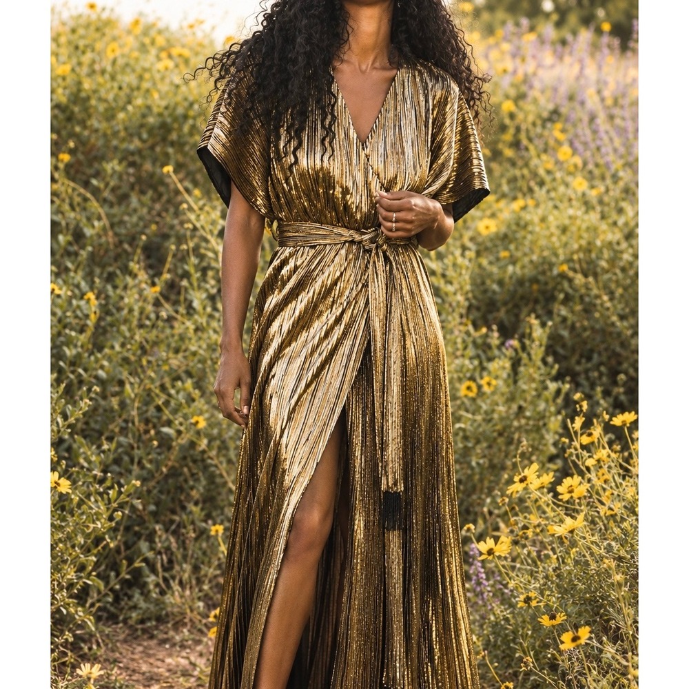 B. YELLOWTAIL Gold Metallic Plisse Pleated Maxi Dress
